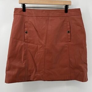 Ann Taylor Loft Women 14 Vegan Leather A-Line Skirt Rust Brown Pockets Faux Gold